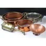 Collection of mixed metal ware to include copper pans (largest approx 30cm diameter), three silver