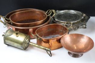 Collection of mixed metal ware to include copper pans (largest approx 30cm diameter), three silver
