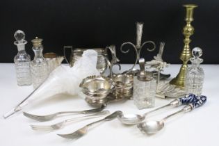 A small group of mixed silver plate to include cutlery, sugar bowl, condiment set, cream jug....