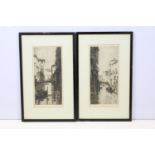 Pair of fine signed etchings of Venetian canal scenes with gondolas and bridge, both having blind