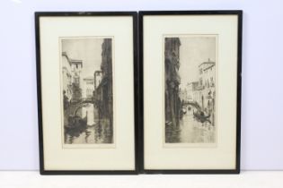 Pair of fine signed etchings of Venetian canal scenes with gondolas and bridge, both having blind