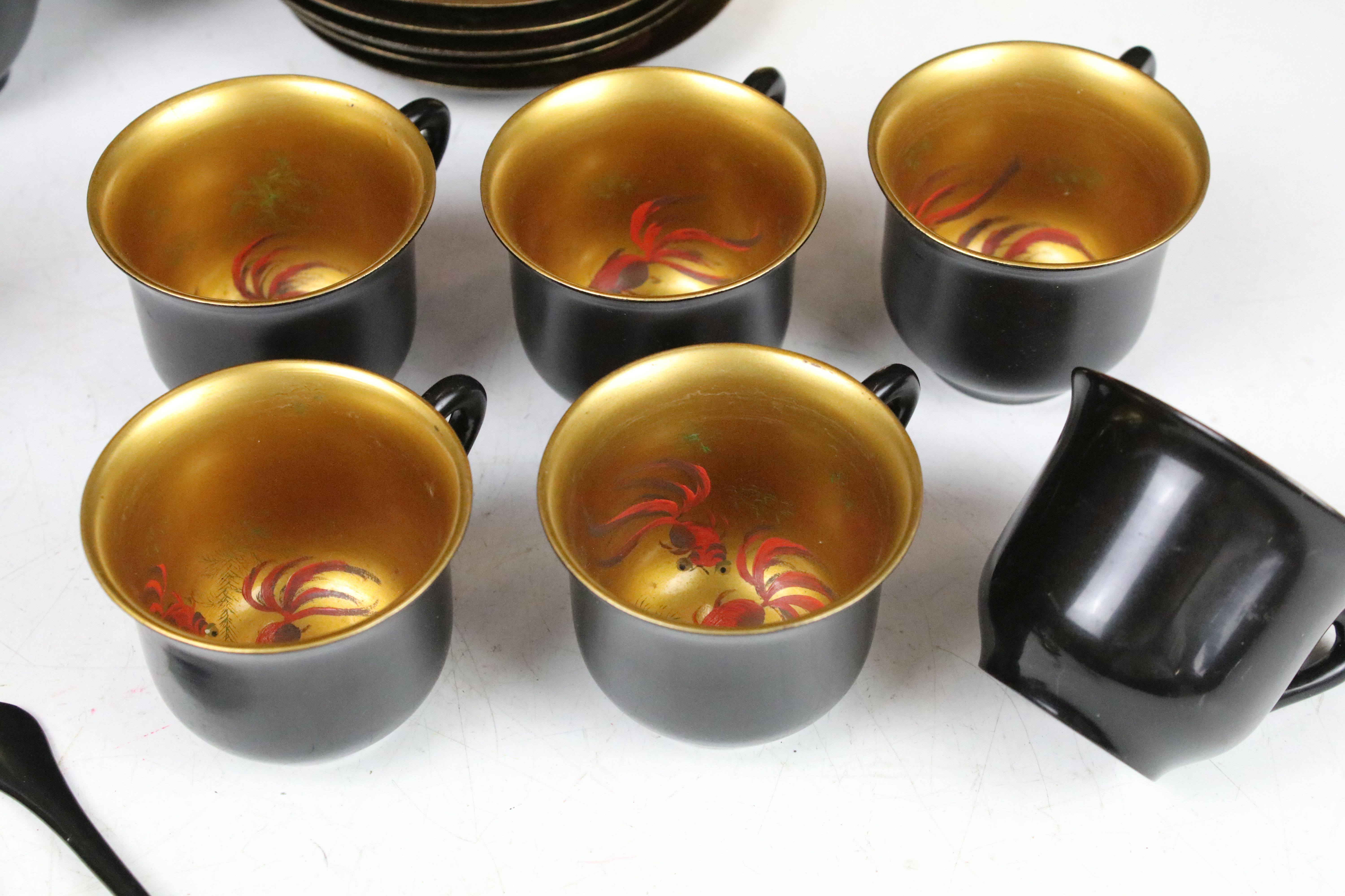 Chinese ' Shin Shao An Loong Kee ' Black Lacquer Coffee Set, all pieces with gilt interiors - Image 4 of 6