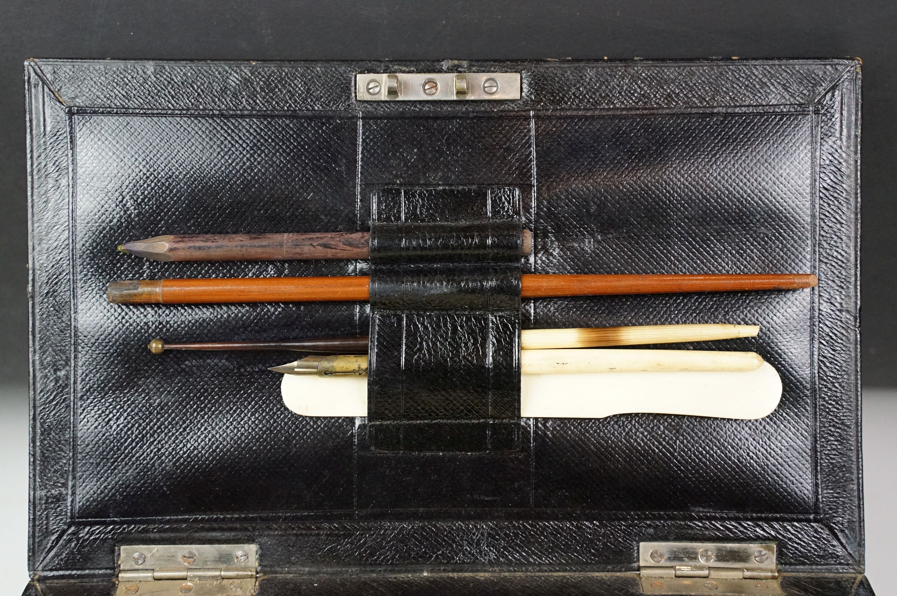 Late 19th / early 20th century leather clad stationery box, the contents to include dip pen, - Image 3 of 7