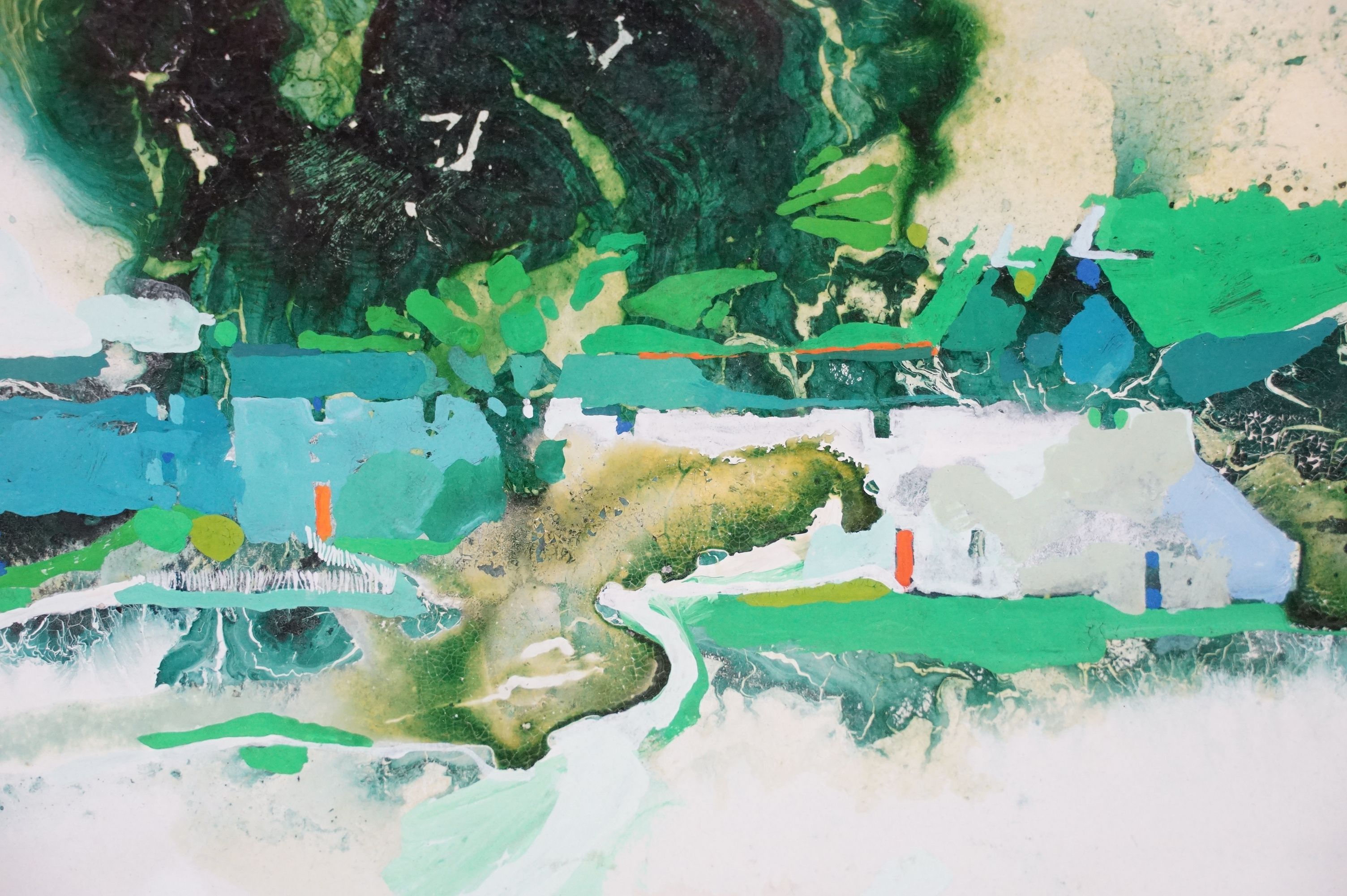 Martin John Aynscomb-Harris (1937-2016), abstract landscape with cottages, mixed media, signed lower - Image 6 of 8