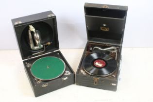 Two table top portable record players to include Decca (R.D.631877) and a HMV His Master's Voice