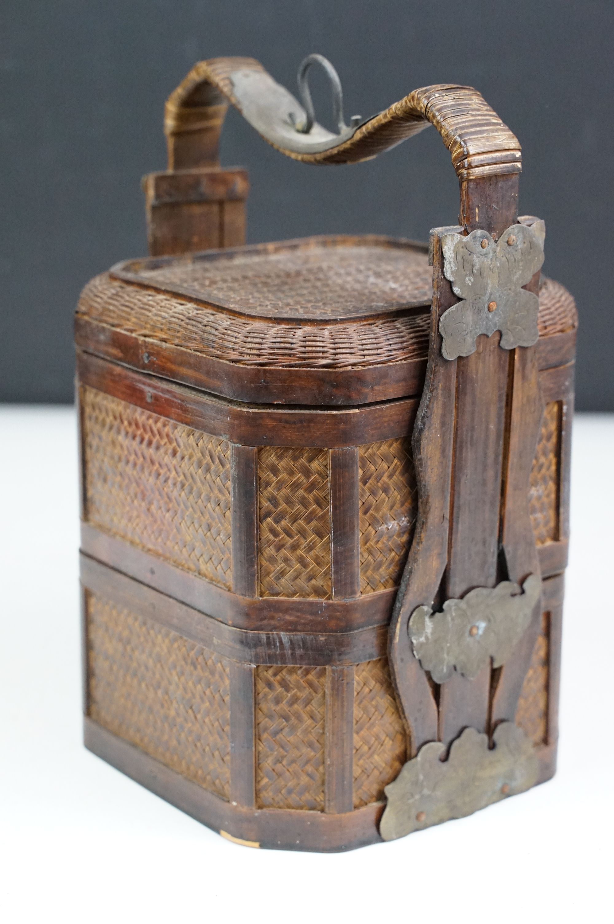 Chinese octagonal wooden box with coin decoration to lid, together with a two-tiered woven lidded - Image 10 of 11