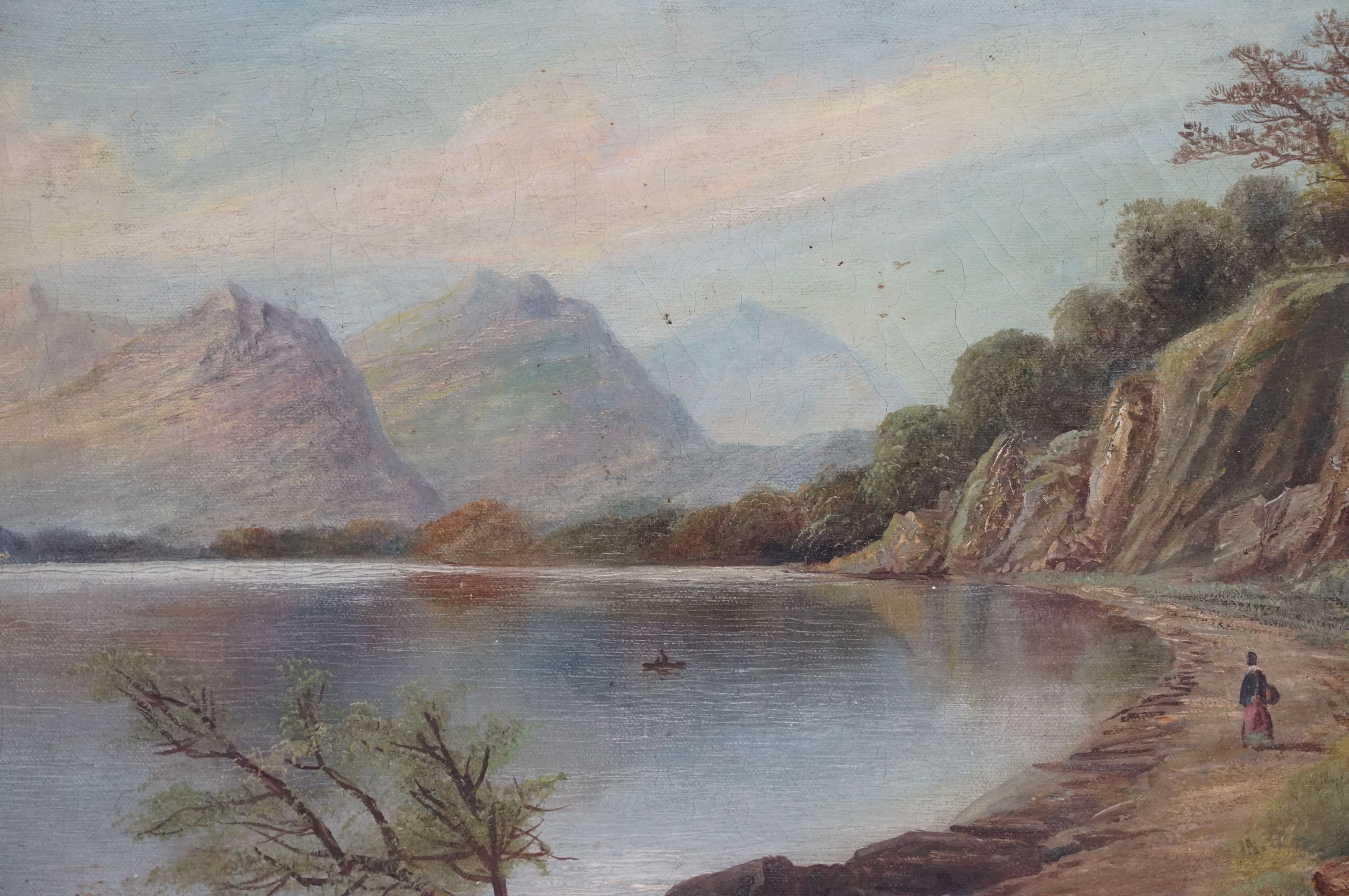 Swept gilt framed 19th century oil on canvas, Highland Loch View with figure and man in a boat, - Image 2 of 10