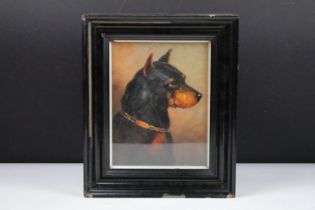 Ebonized framed oil painting of a fighting dog, 20 x 15.5cm, framed and glazed
