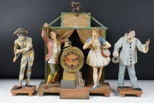 Early 20th century 'Theatre Gringalet' cold painted clock garniture in the form of a theatre with