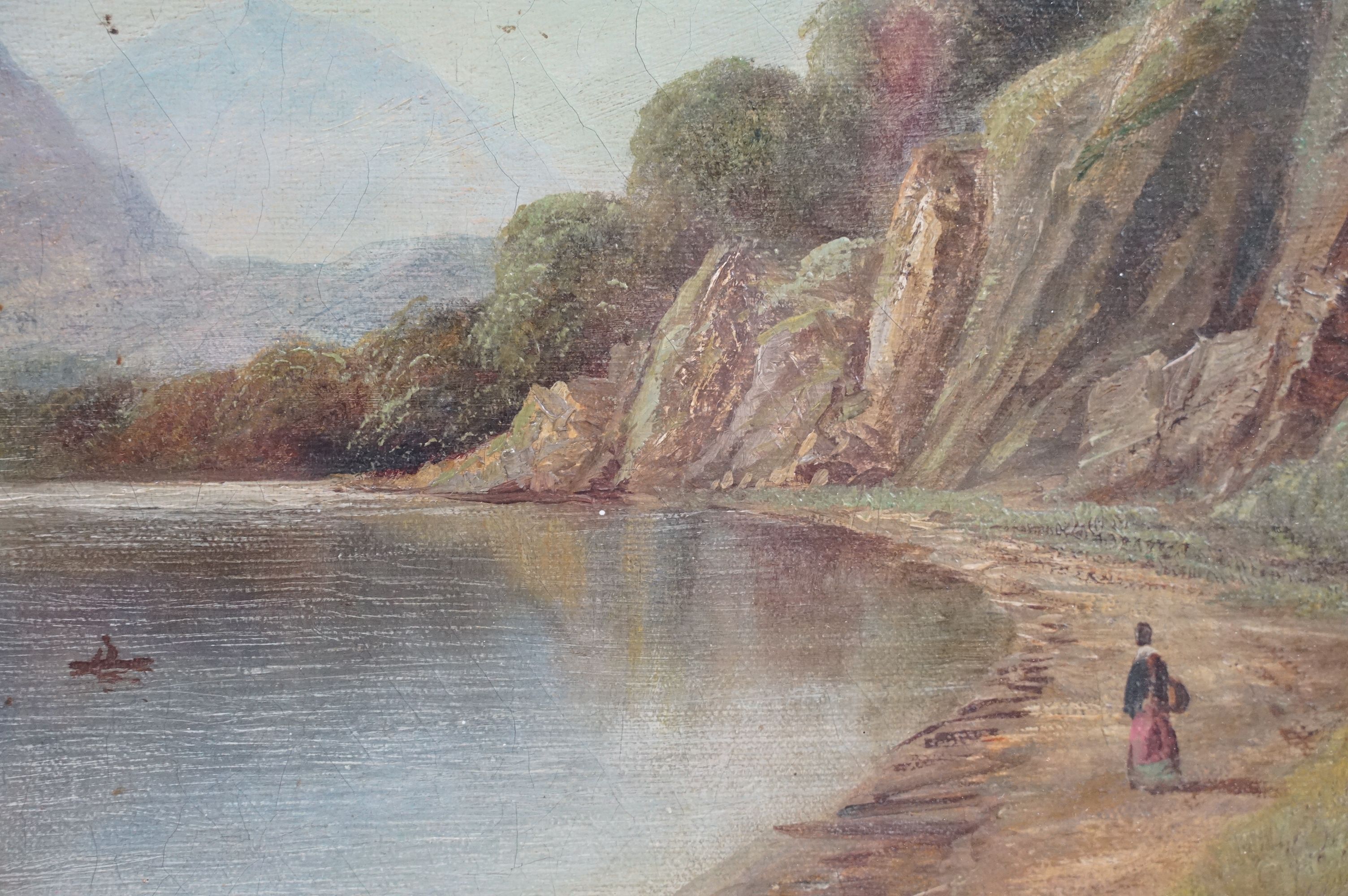Swept gilt framed 19th century oil on canvas, Highland Loch View with figure and man in a boat, - Image 5 of 10