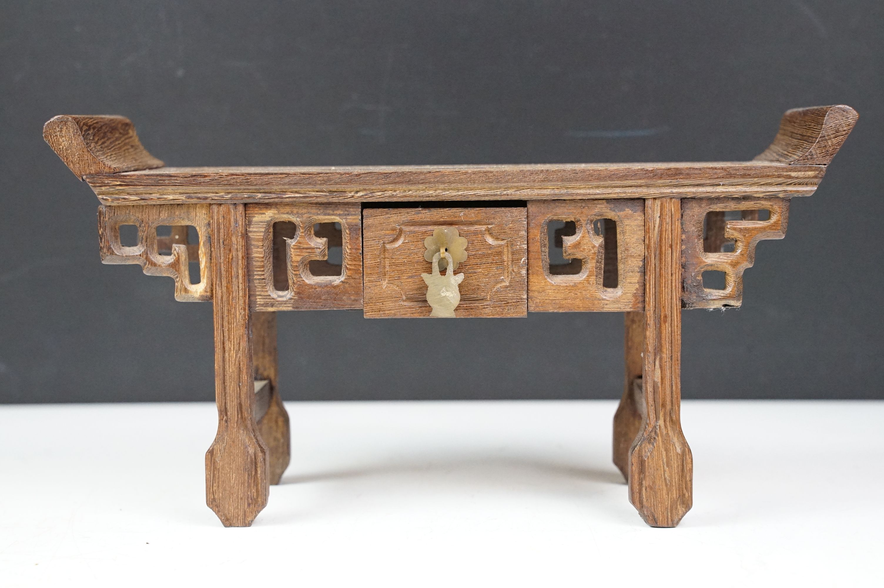Chinese Wooden Miniature Altar Table, 24cm long together with a Chinese Hardwood Square Stand, - Image 2 of 7