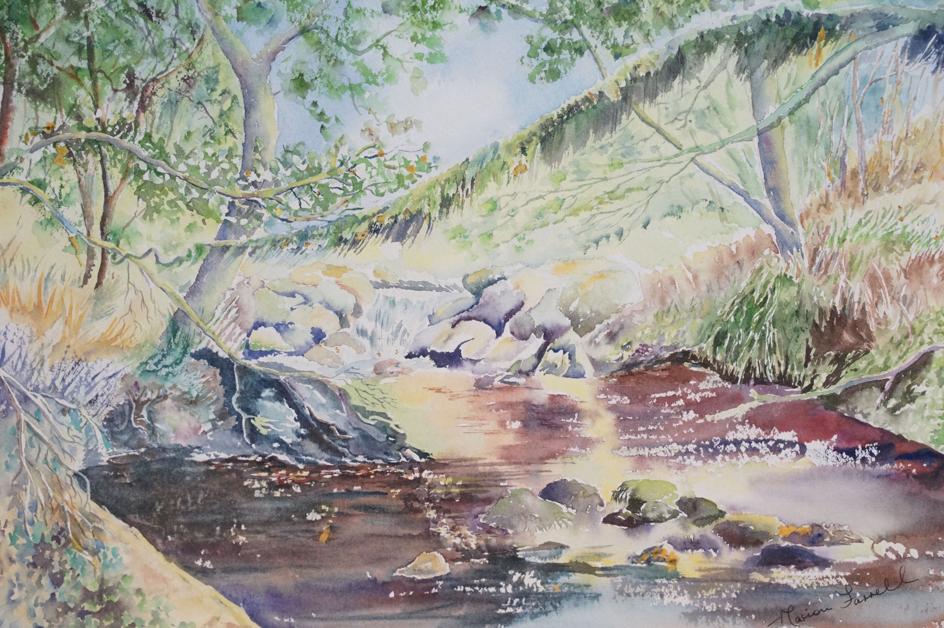 Marion Farrell, landscape scene, watercolour, signed lower right, artist's label verso, A Member - Image 2 of 9
