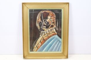 Oil on canvas, gilt framed abstract portrait of a masked figure, 59 x 43.5cm