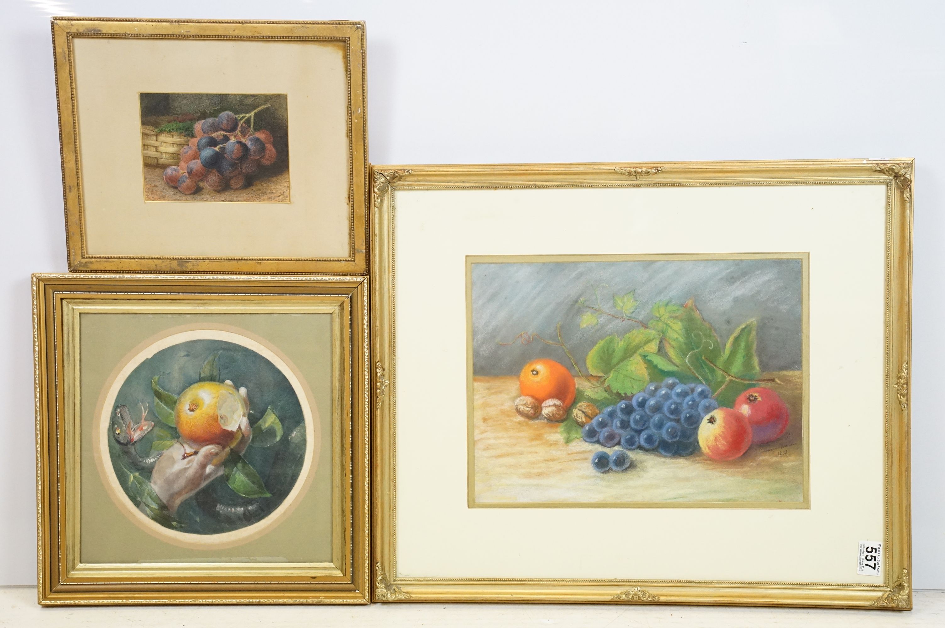 19th / 20th century, three watercolour / pastel still life paintings: one of fruit and fauna, 27 x