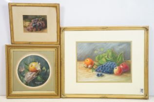 19th / 20th century, three watercolour / pastel still life paintings: one of fruit and fauna, 27 x