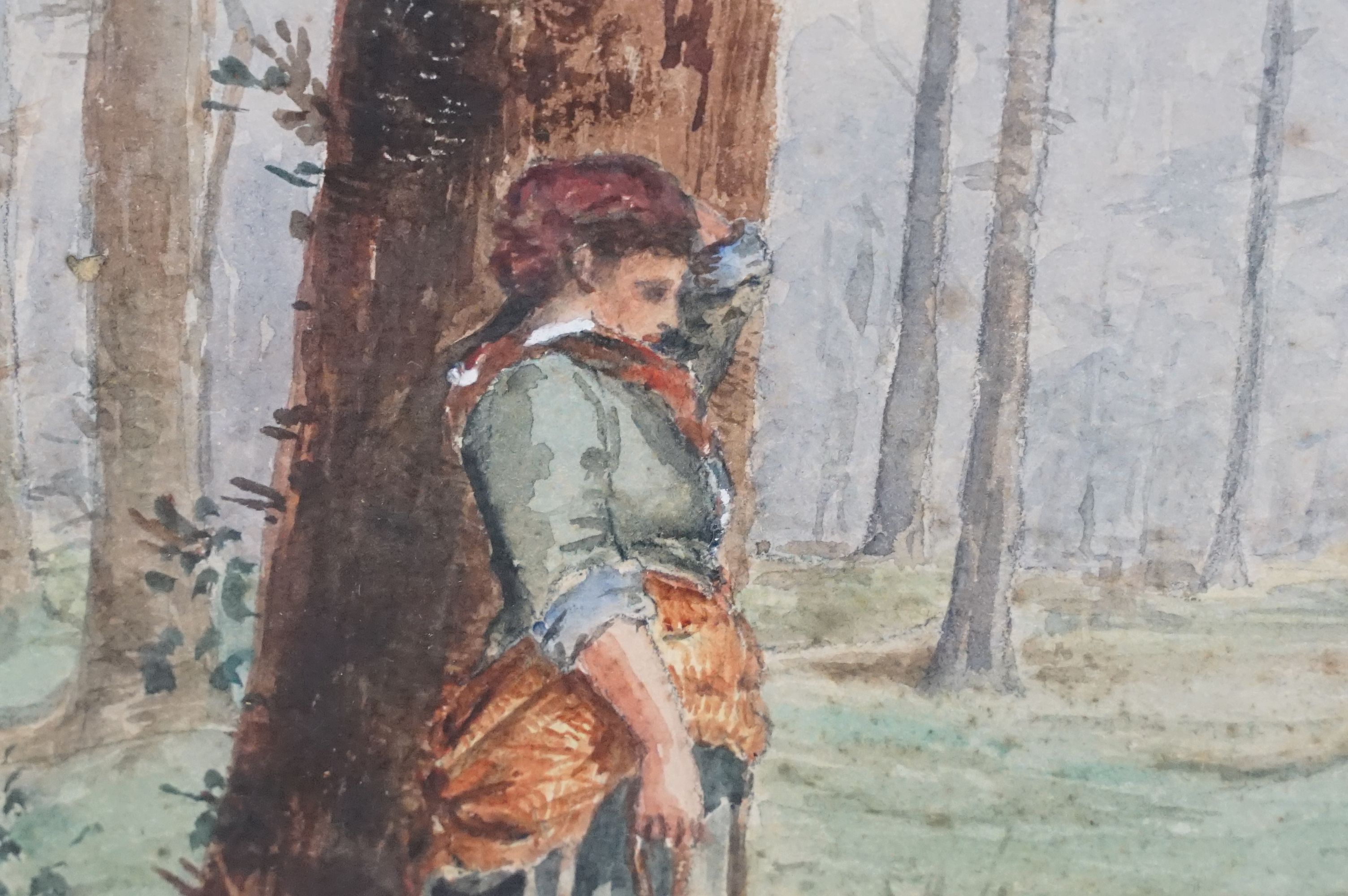 19th century watercolour, country girls in a conversation in woodland clearing, 21.5 x 29cm, - Image 6 of 7