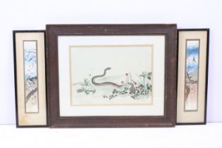 Pair of early 20th century Matsumoto studio watercolours of songbirds, each 30 x 5cm and a Chinese