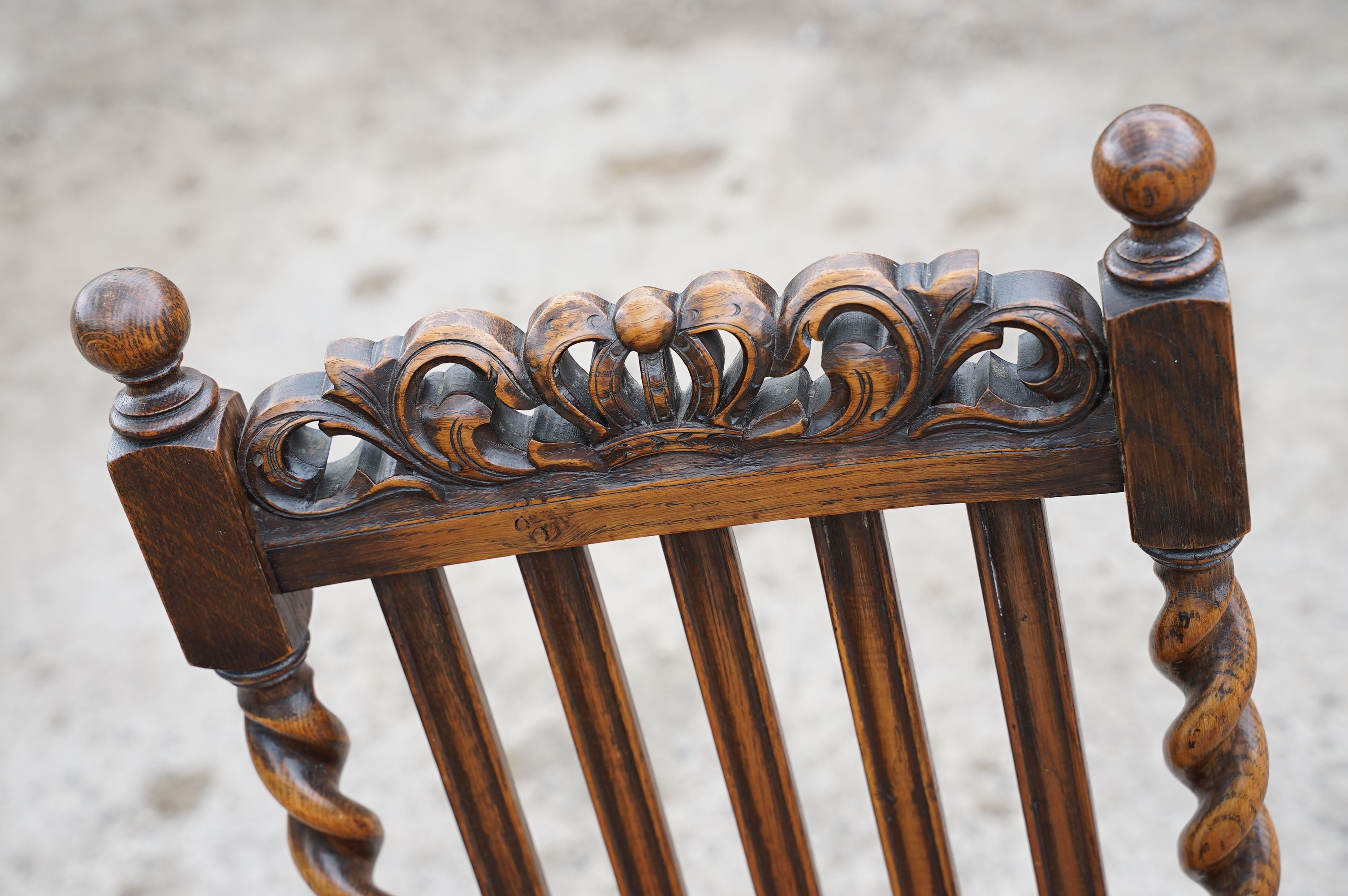 Set of four oak dining chairs with barley twist supports and carved crown details to backs, with - Image 6 of 9