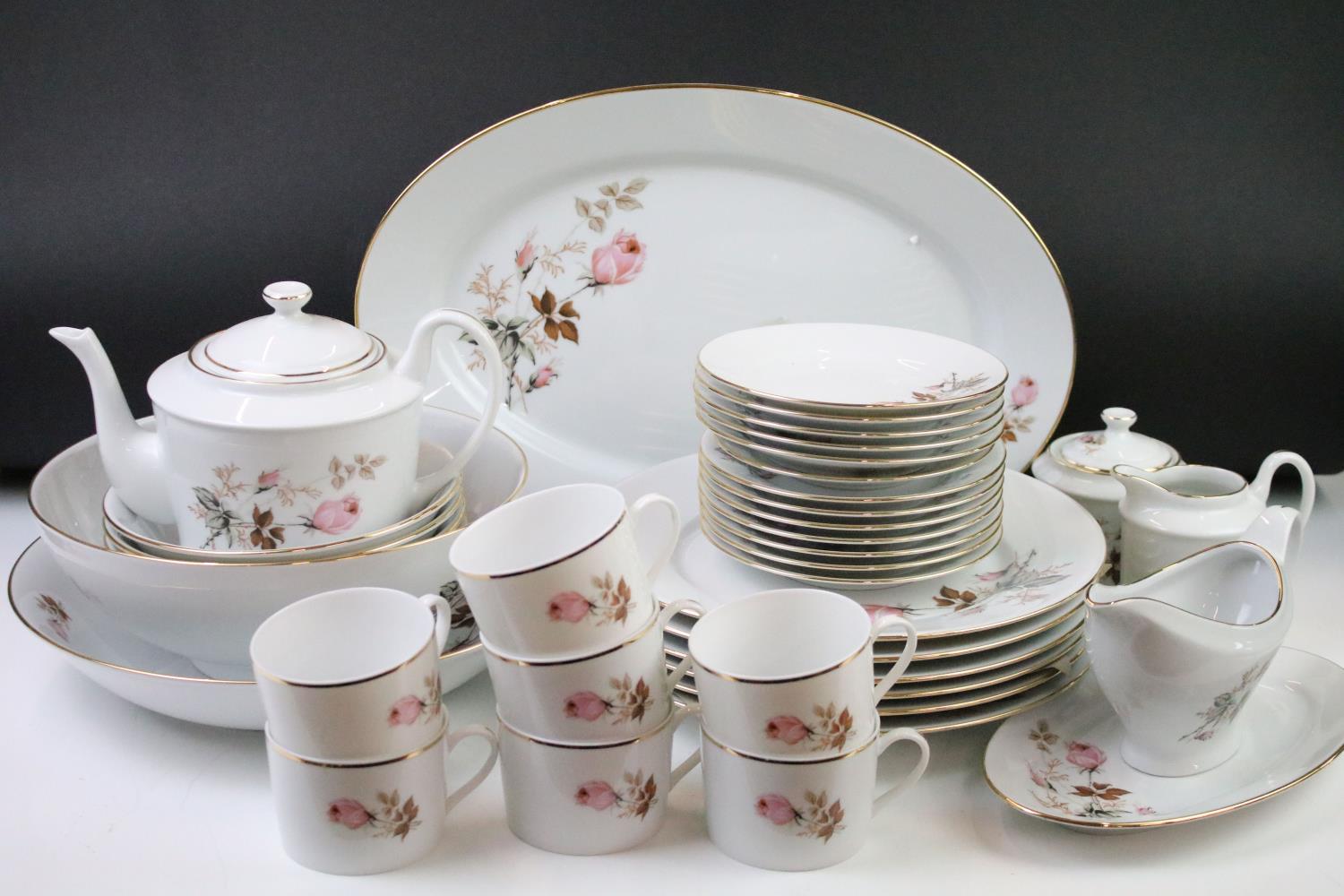 Limoges 'Rose De Monaco' tea & dinner service to include 12 dinner plates, 12 soup bowls, oval