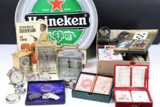 A group of mixed collectables to include playing cards, antique padlocks, clocks, pocket watch....