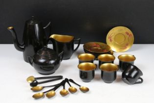 Chinese ' Shin Shao An Loong Kee ' Black Lacquer Coffee Set, all pieces with gilt interiors
