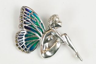 Silver and plique a jour fairy brooch