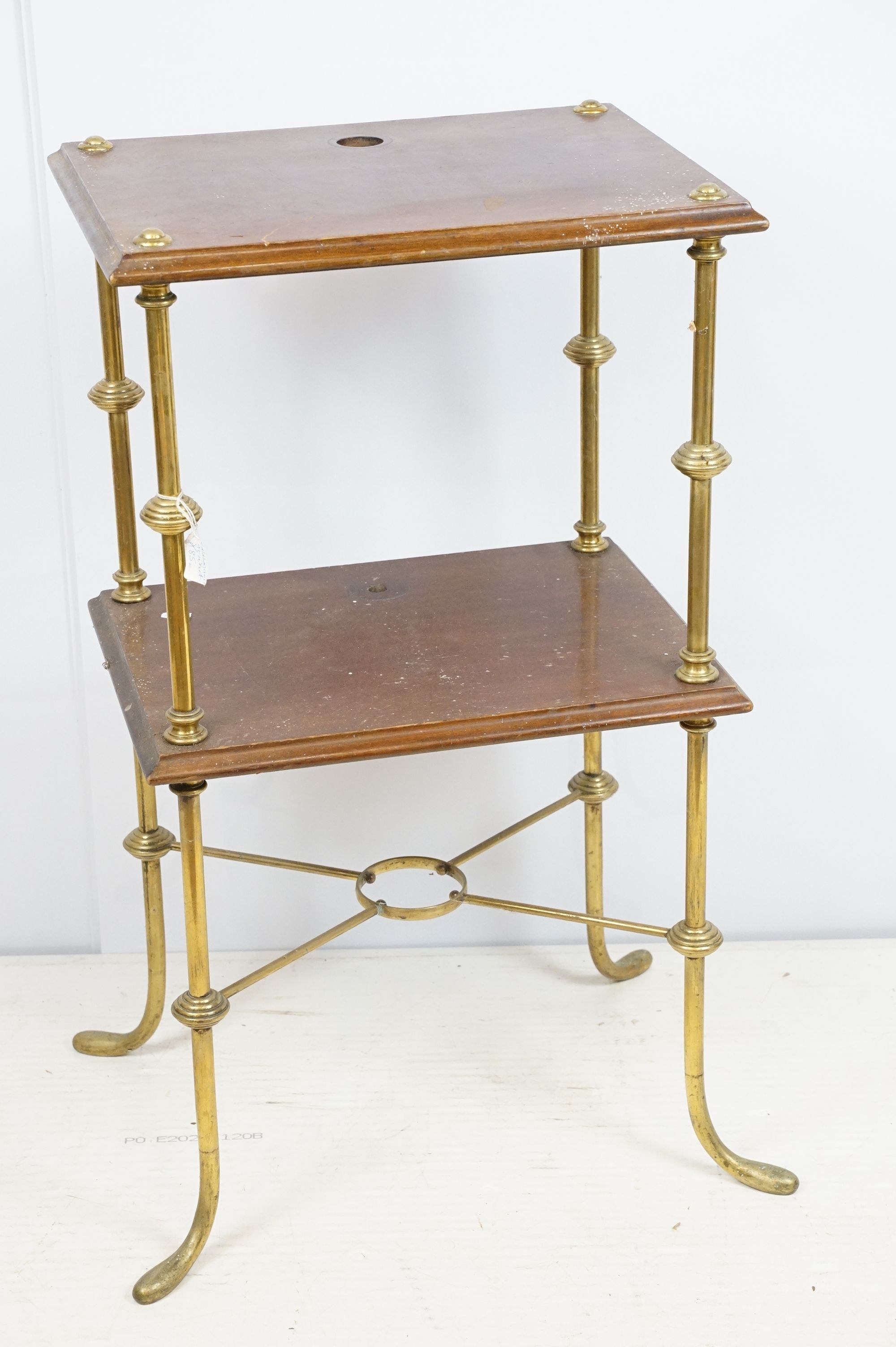 Mahogany two tier table with brass supports and x-stretcher, 80cm high x 45cm wide x 36cm deep