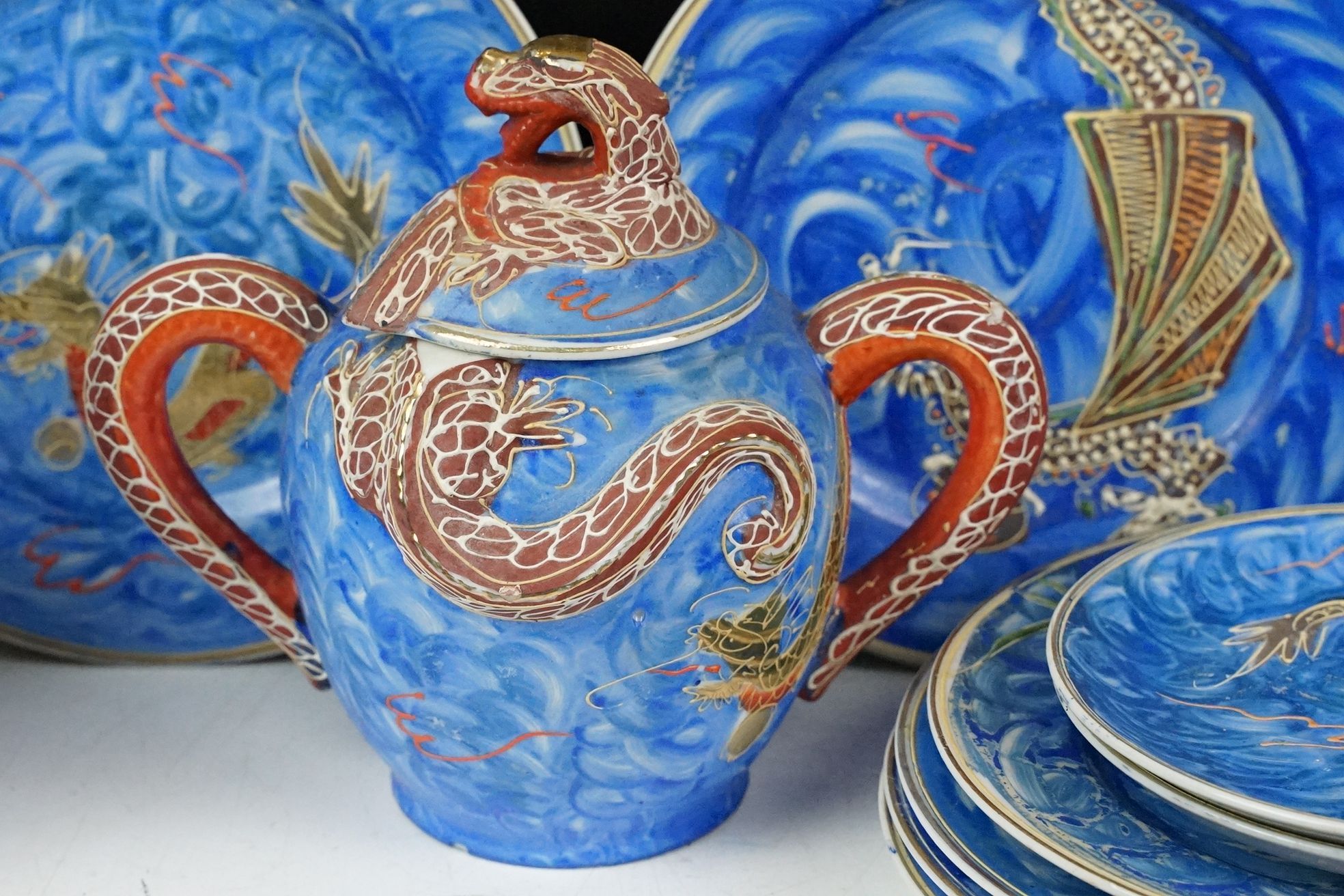 Japanese Kutani porcelain tea set for six with enamelled dragon decoration - Image 6 of 8