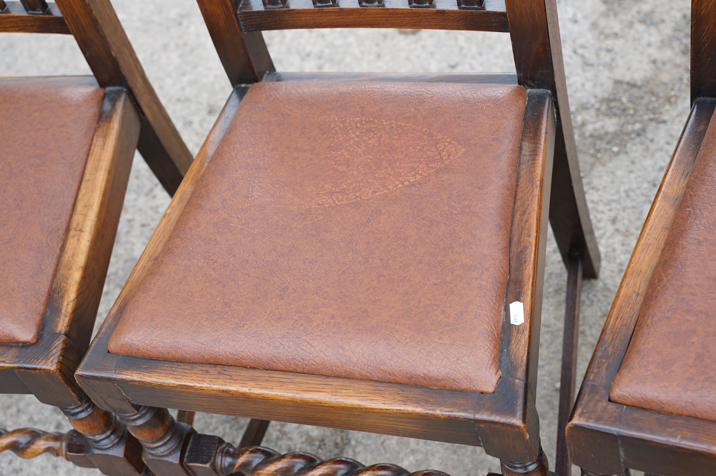 Set of four oak dining chairs with barley twist supports and carved crown details to backs, with - Image 3 of 9