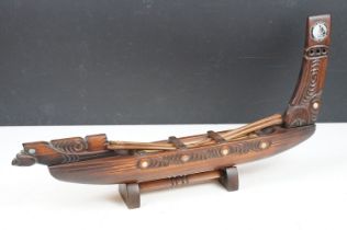 Hand carved Maori (Waka Tava) wooden war canoe, approx 46cm long