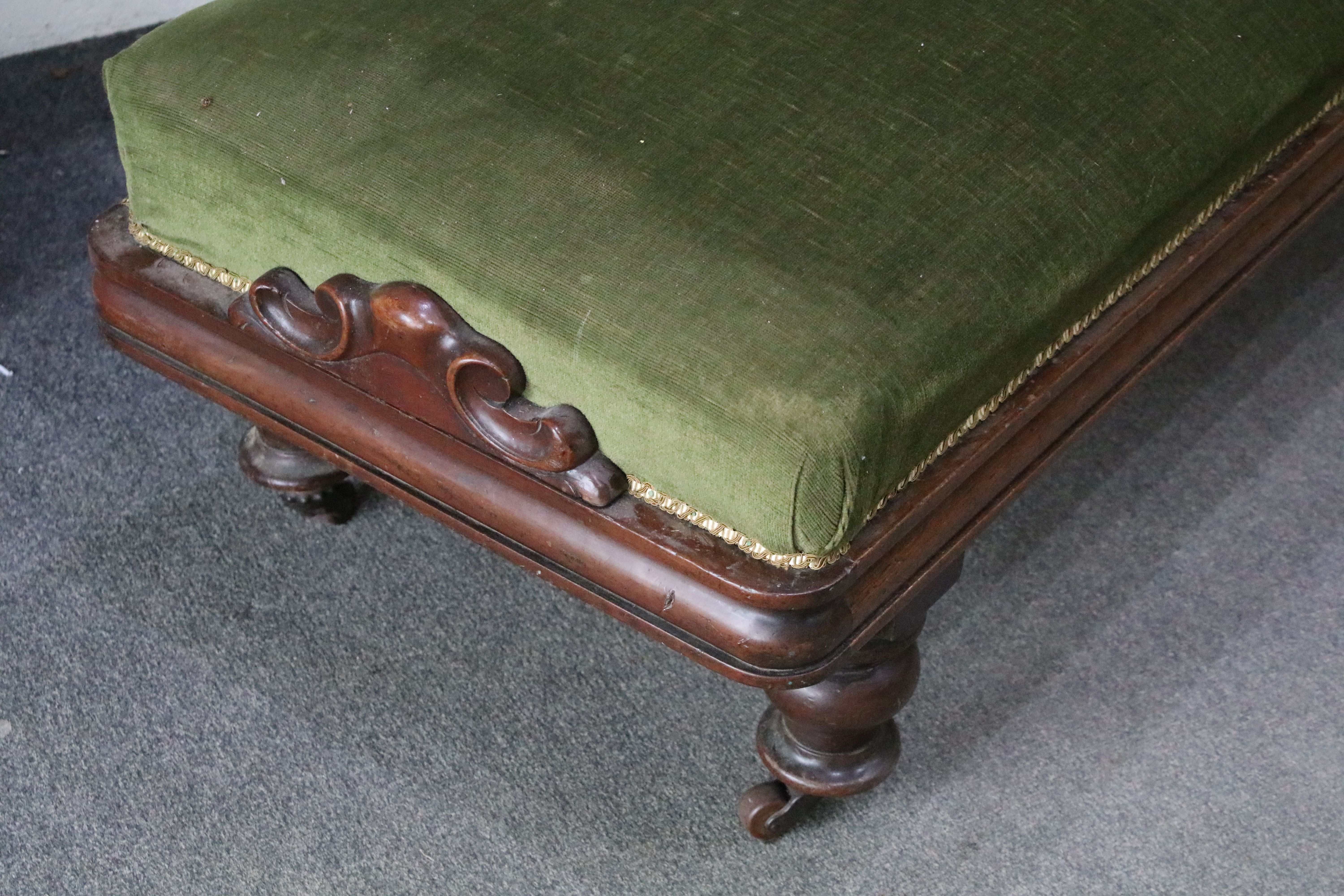 Victorian mahogany framed chaise longue of scrolled form with green upholstery, approx 175cm wide - Image 3 of 6