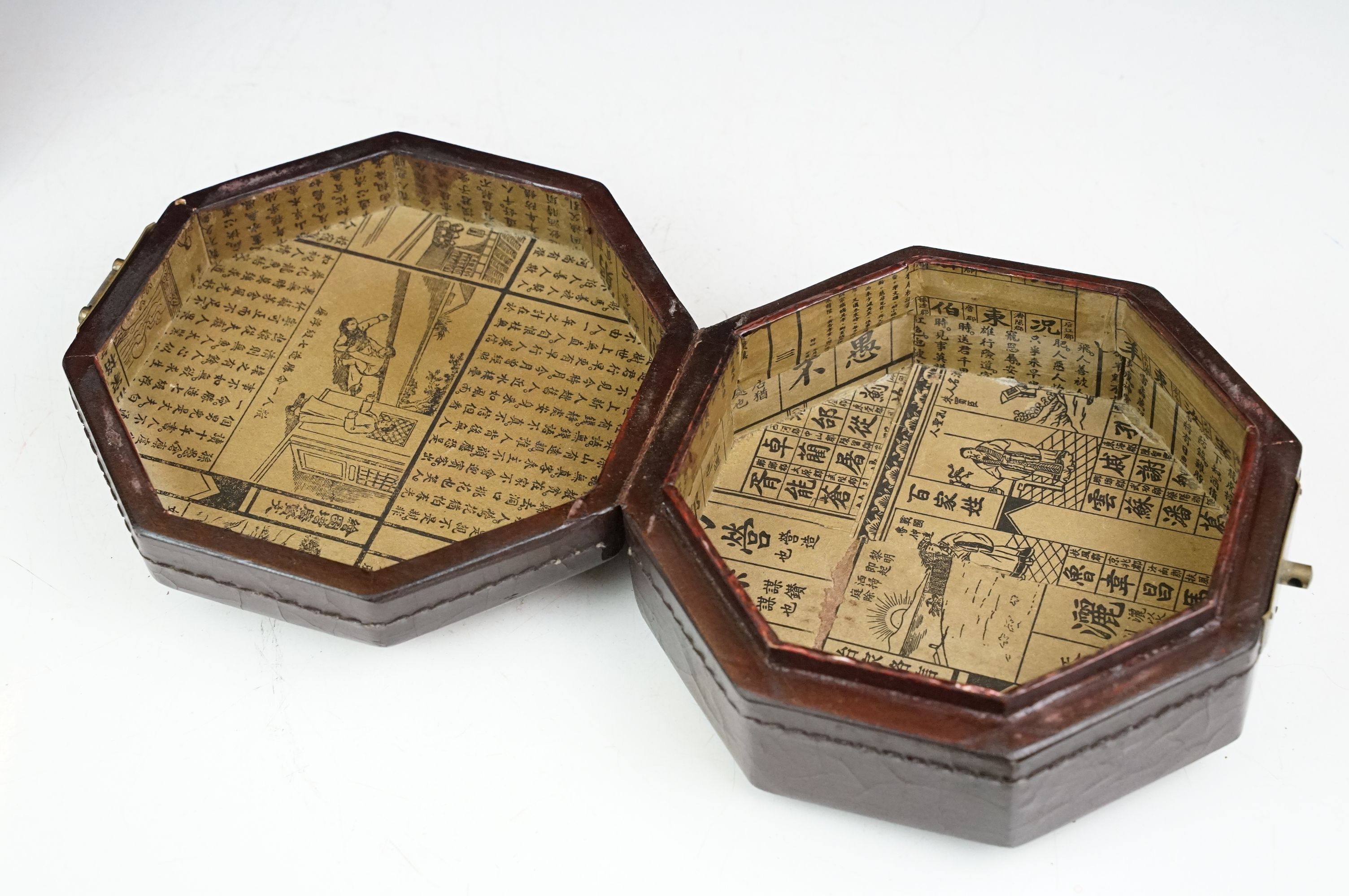 Chinese octagonal wooden box with coin decoration to lid, together with a two-tiered woven lidded - Image 5 of 11