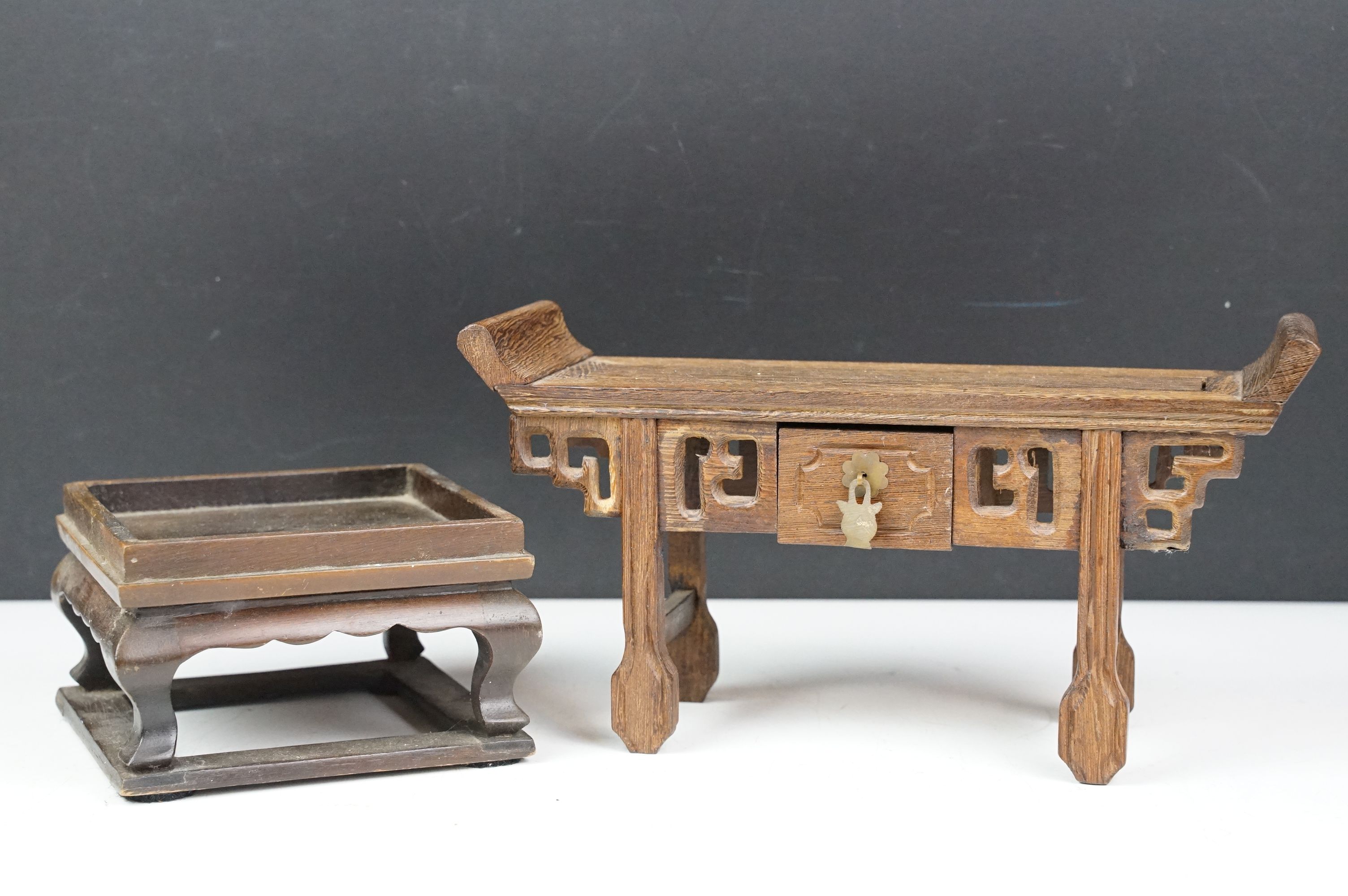 Chinese Wooden Miniature Altar Table, 24cm long together with a Chinese Hardwood Square Stand,