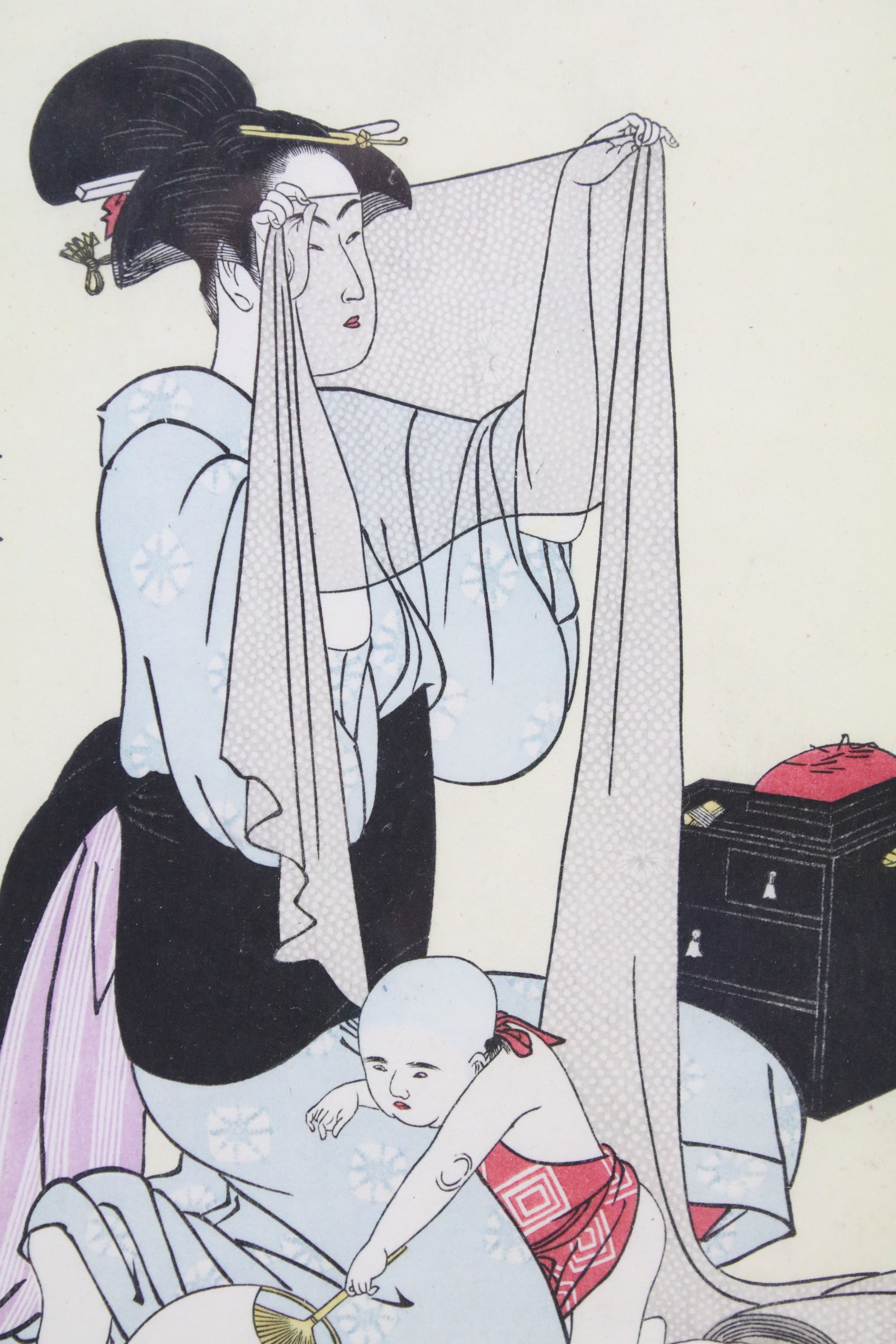 Pair of framed and glazed Japanese woodblock prints, portrait of a mother with infant, the other - Image 3 of 4