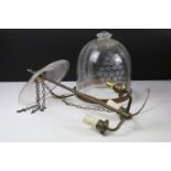 Early 20th century glass & brass three-branch ceiling light fitting with a etched glass shade with