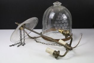 Early 20th century glass & brass three-branch ceiling light fitting with a etched glass shade with