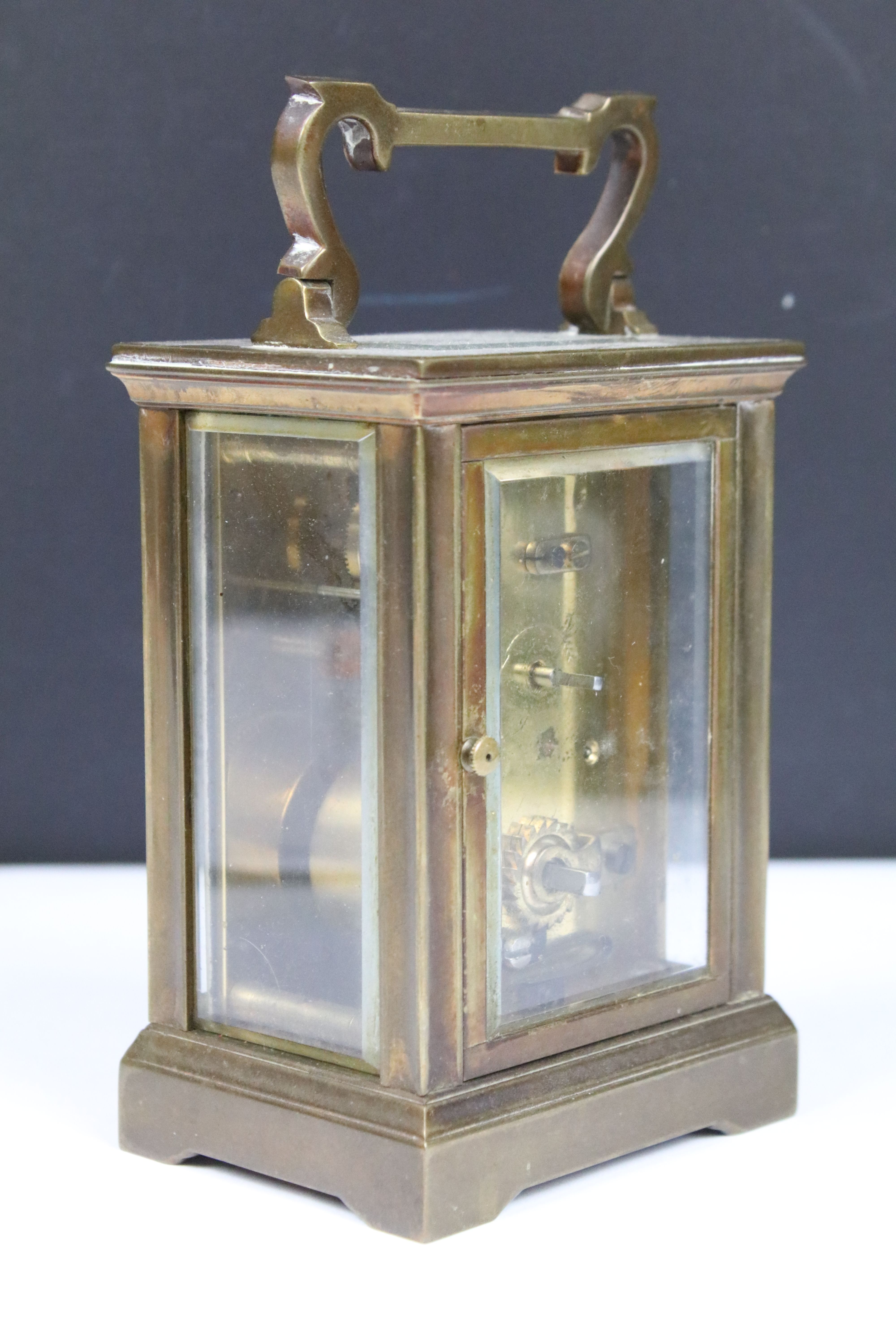 Two vintage brass cased carriage clocks with beveled glass panels and white enamel dials. - Image 7 of 8