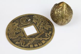 Chinese Cast Brass Longevity Peach decorated in relief with eight immortals, 7cm high together
