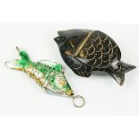 Carved Horn Snuff Box in the form of a Fish, 5cm together with an Enamelled Articulated Fish