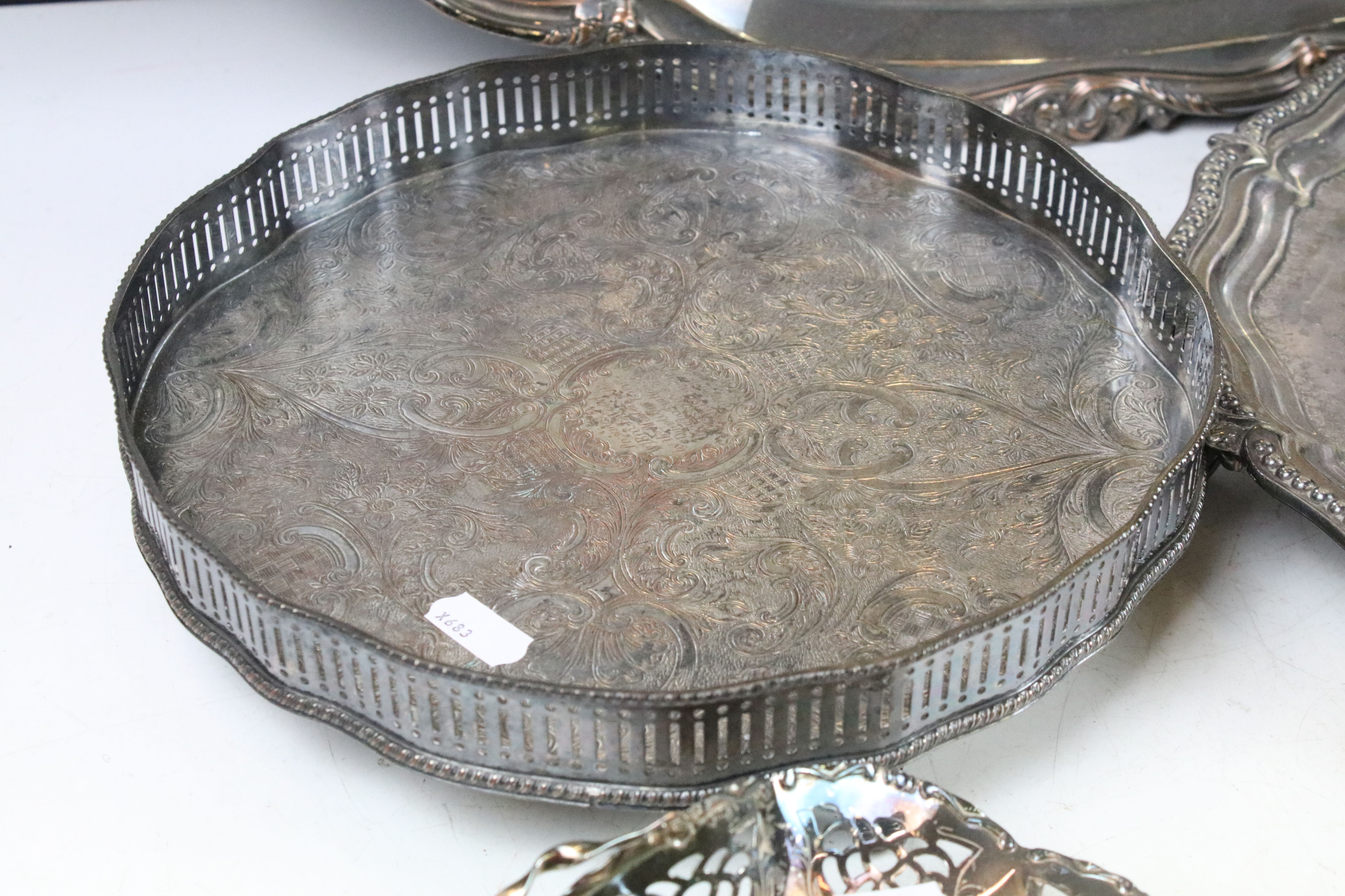 Large early 20th century silver plated serving tray with cast decoration to border (approx 70cm - Image 4 of 6
