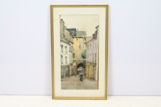 English School, street scene with figure in the foreground, watercolour, signed and dated