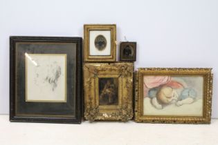 Good selection of five antique framed portraits to include oil of a boy with dog, watercolour of