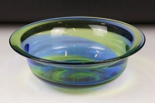 Stevens & Williams blue and green art glass circular bowl , ground pontil to base, approx 27cm