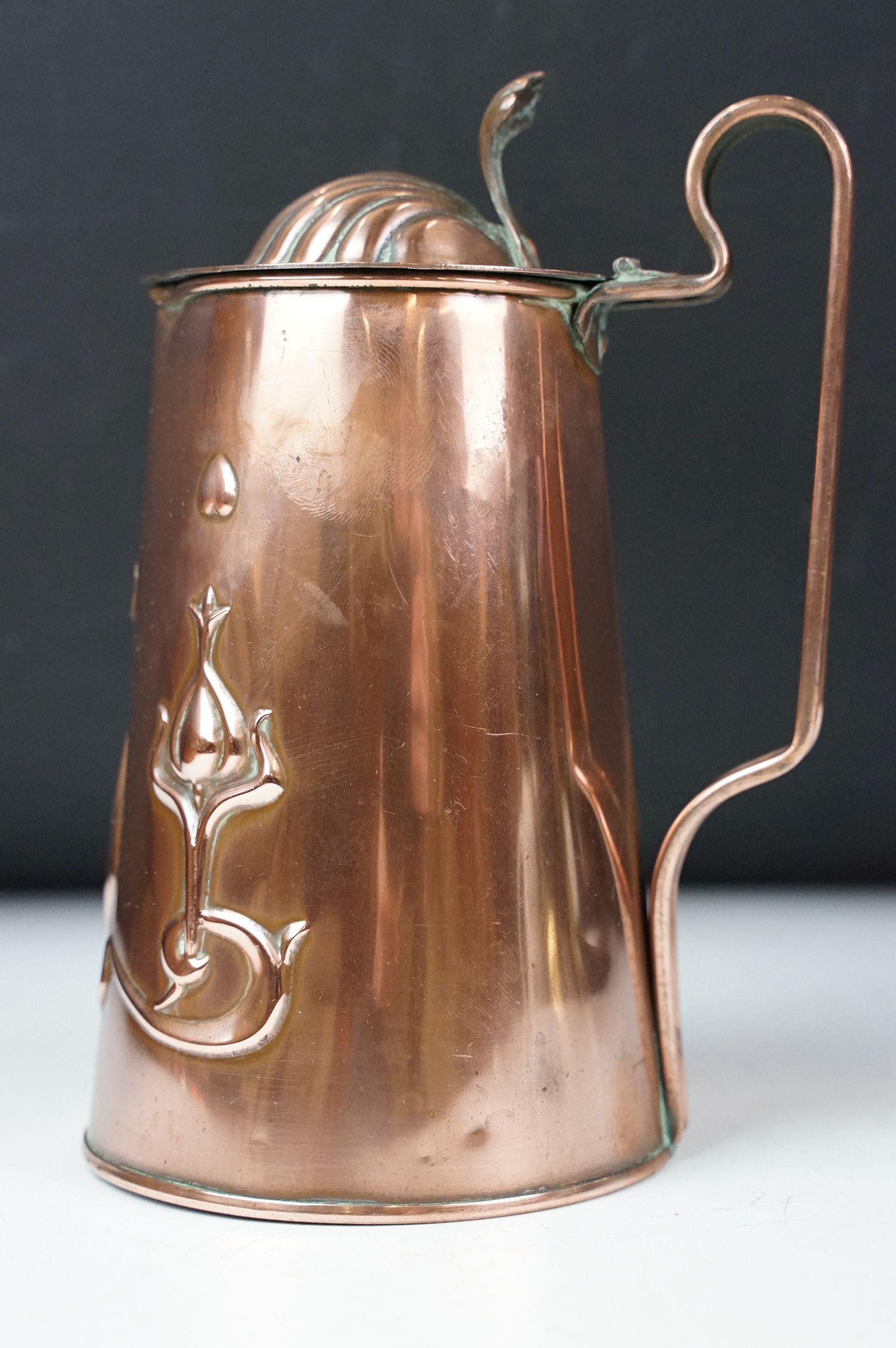 Art Nouveau / Arts & Crafts Joseph Sankey & Sons Copper Lidded Hot Water Jug with embossed - Image 2 of 5