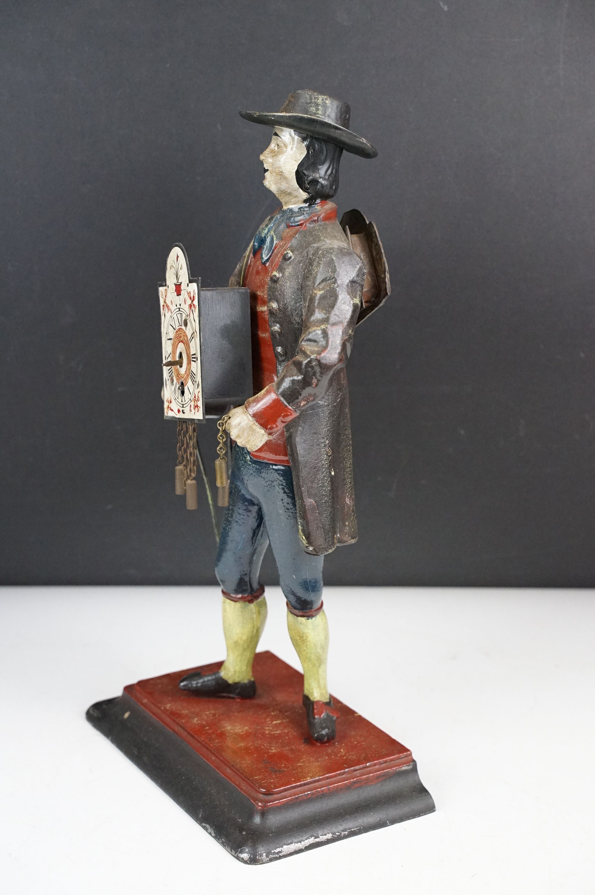 Dutch painted cast metal novelty clock in the form of a clock peddler, approx 38cm high - Image 5 of 10