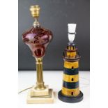 Red flash glass table lamp with grape vine decoration, raised on a stepped glass base, together with