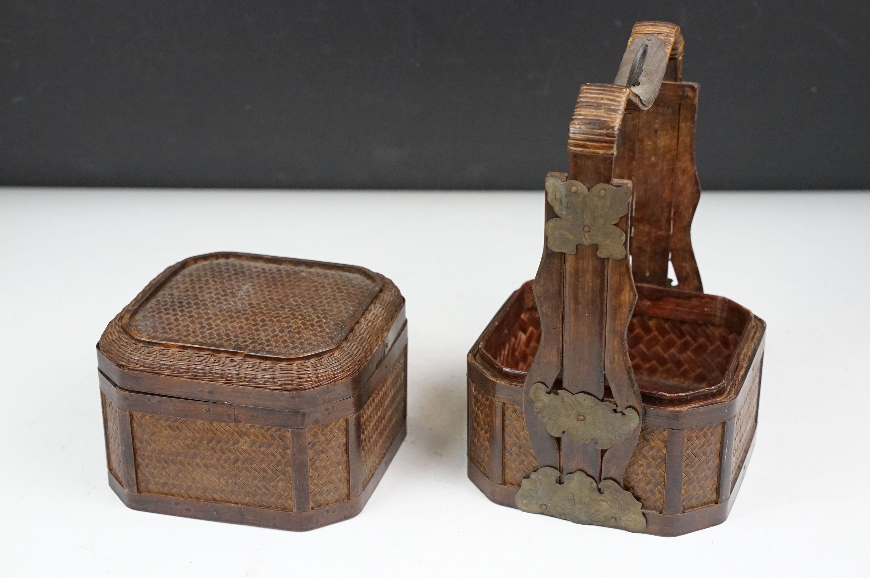 Chinese octagonal wooden box with coin decoration to lid, together with a two-tiered woven lidded - Image 9 of 11