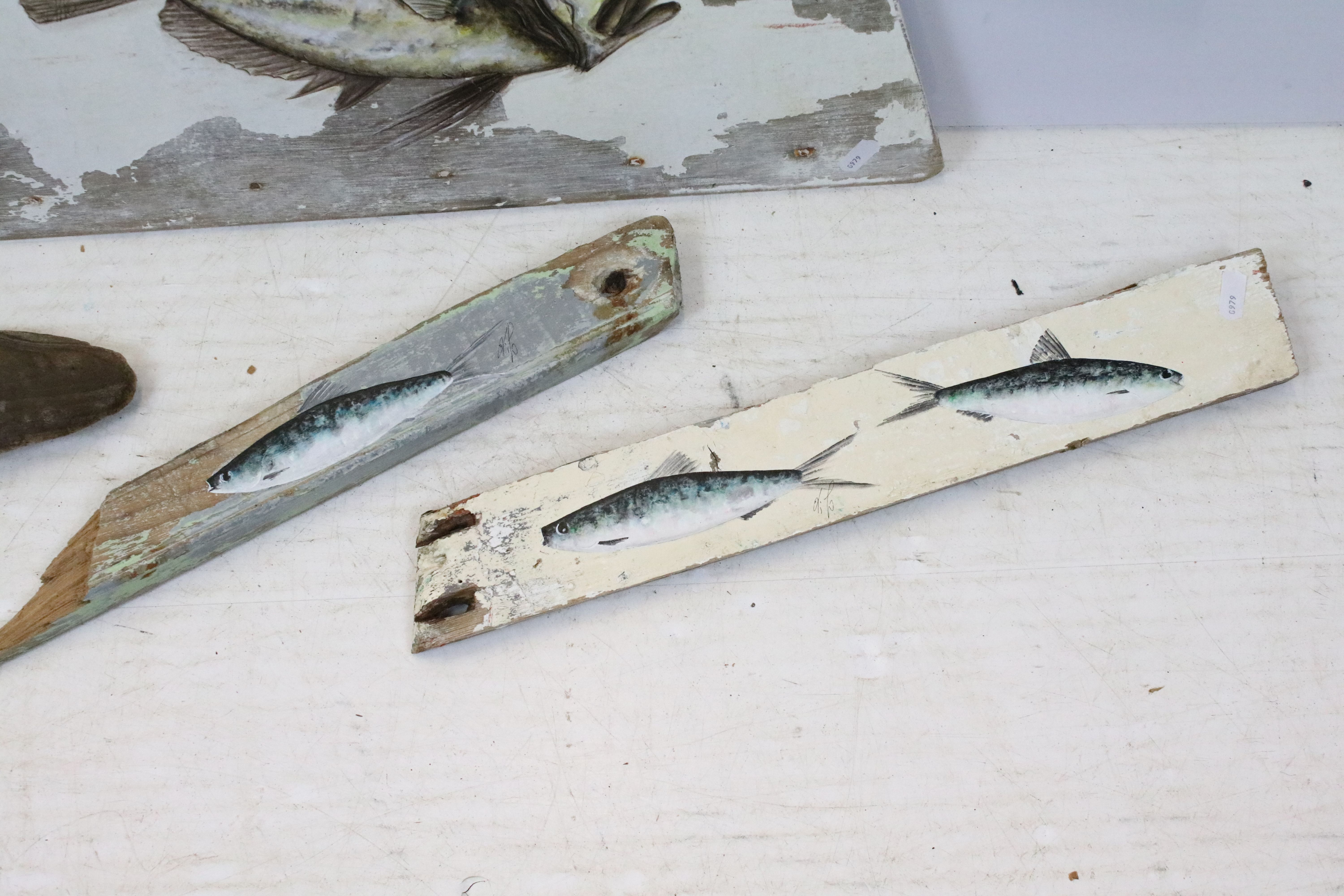 Five oil paintings of fish on wood, to include a painting of a trout on driftwood (driftwood - Image 2 of 5
