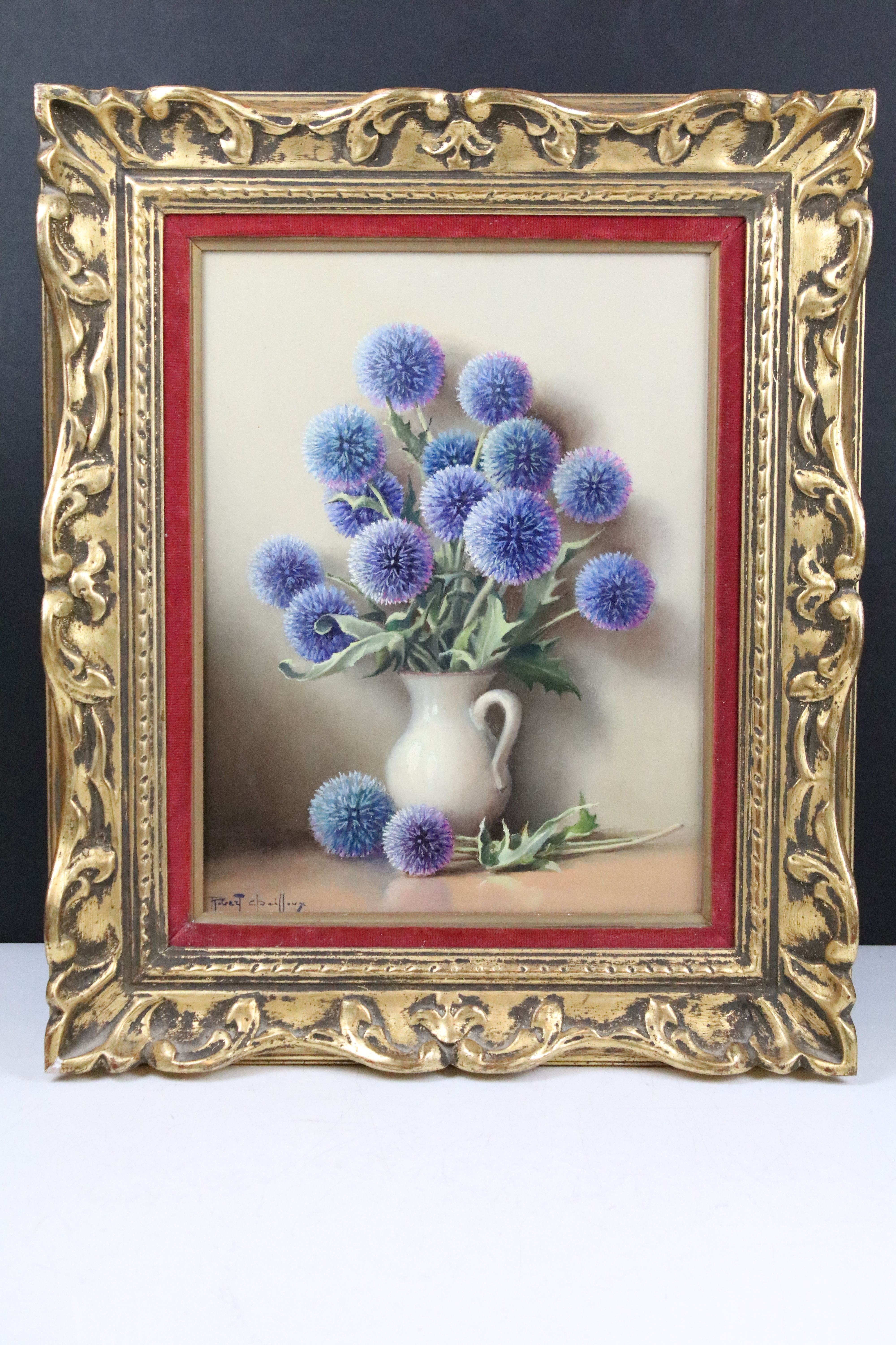 Robert C Pailloux (French), still life thistles in a jug, oil on panel, signed lower left, 33 x