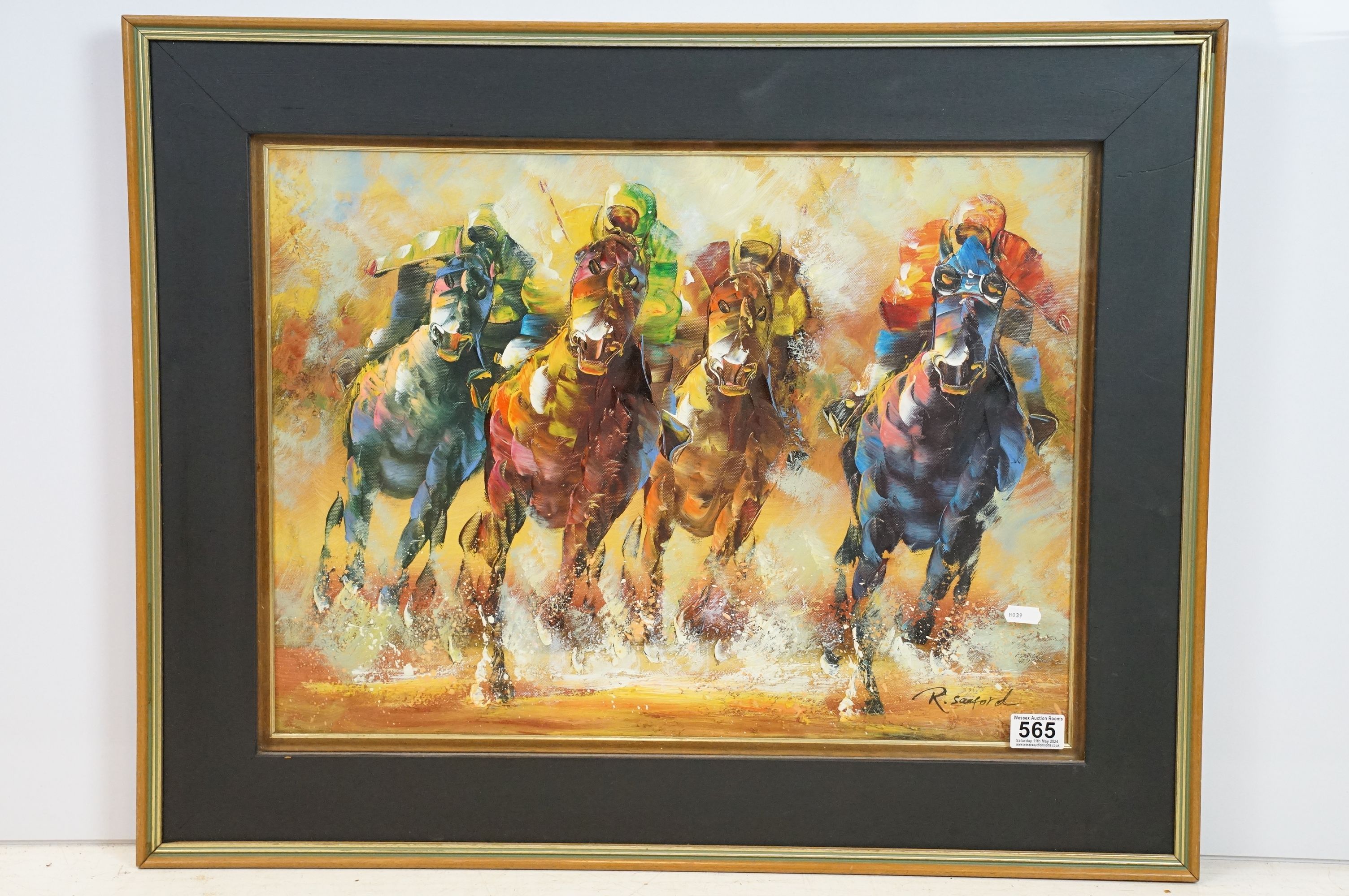 R Sanford, racehorses, oil on board, signed lower right, 42 x 57cm, framed and glazed